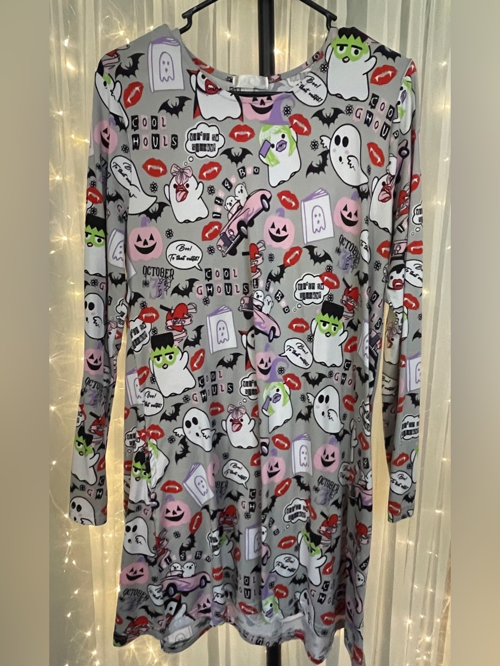 Halloween Ghost Print Midi Dress in Gray with Pink & Red Accents